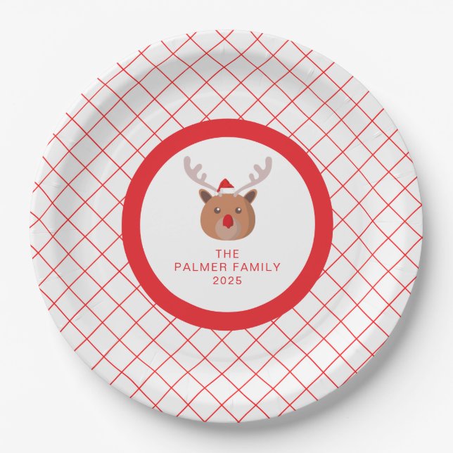 Simple Elegant Reindeer Christmas Family Name Paper Plate (Front)