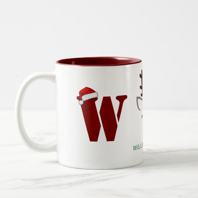 Simple Elegant Reindeer Christmas Family Name Two-Tone Coffee Mug (Left)