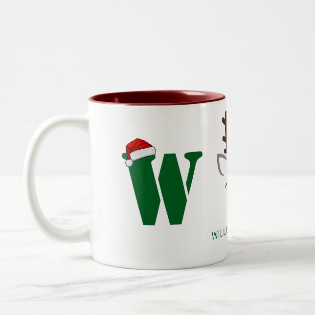 Simple Elegant Reindeer Christmas Family Name Two-Tone Coffee Mug (Left)