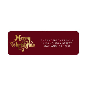 Simple Elegant Retro Red & Gold Merry Christmas Return Address Label