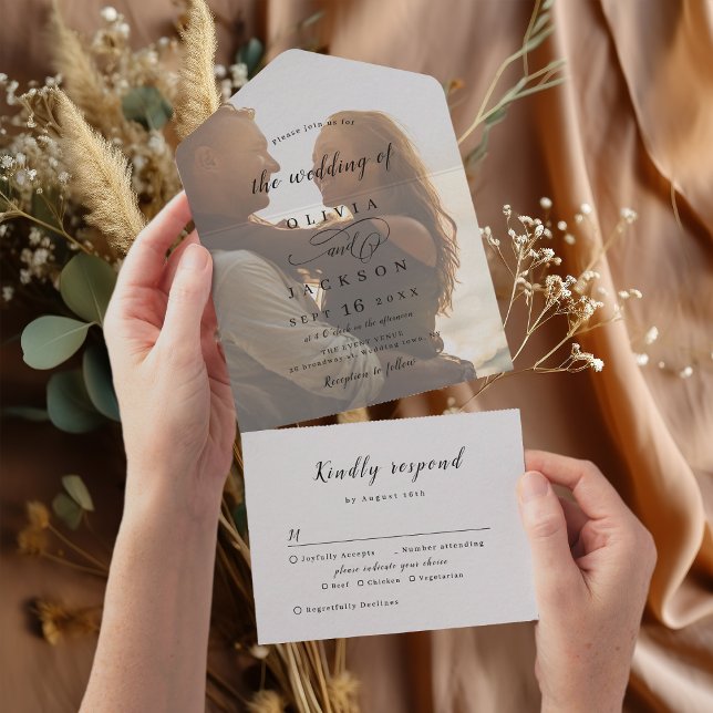 Simple elegant romantic script photo wedding all in one invitation (Simple elegant romantic script photo wedding all in one invitation)