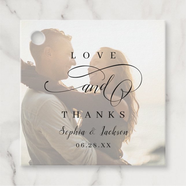 Simple elegant romantic script photo wedding favour tags (Front)
