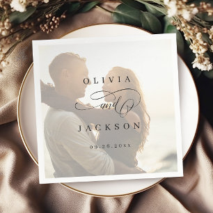 Simple elegant romantic script photo wedding napkin
