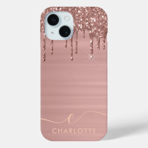 Simple Elegant Rose Gold Glitter Drip Custom Name iPhone 15 Case