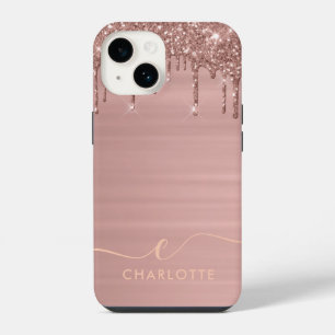 Simple Elegant Rose Gold Glitter Drip Custom Name iPhone 14 Case