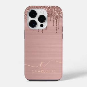 Simple Elegant Rose Gold Glitter Drip Custom Name iPhone 14 Pro Case