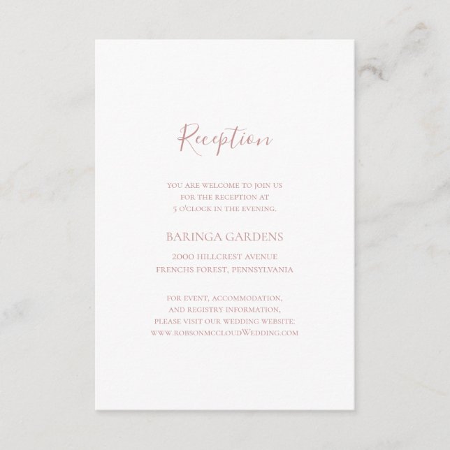 Simple Elegant Rose Gold Wedding Reception Card (Front)