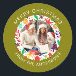 Simple Elegant Round Christmas Photo Family Name Classic Round Sticker<br><div class="desc">Simple Elegant Round Christmas Photo Family Name</div>