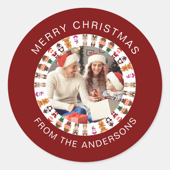 Simple Elegant Round Christmas Photo Family Name Classic Round Sticker (Front)