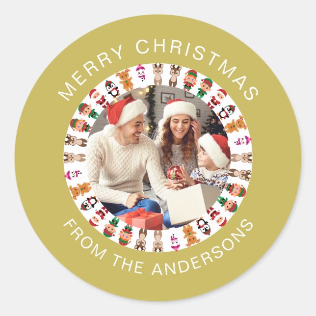 Simple Elegant Round Christmas Photo Family Name Classic Round Sticker (Front)
