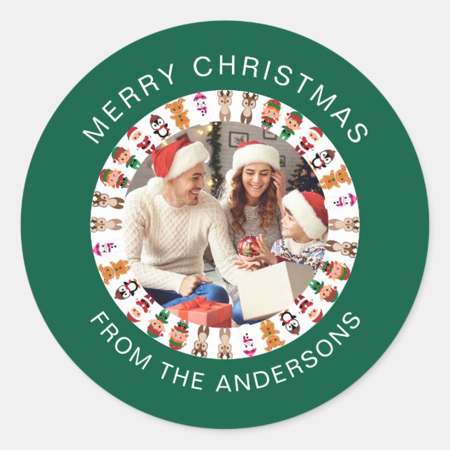 Simple Elegant Round Christmas Photo Family Name Classic Round Sticker (Front)