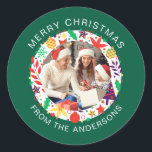 Simple Elegant Round Christmas Photo Family Name Classic Round Sticker<br><div class="desc">Simple Elegant Round Christmas Photo Family Name</div>