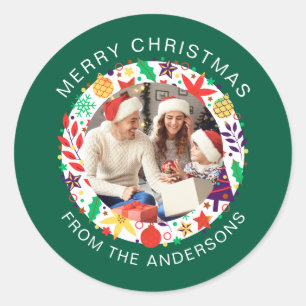 Simple Elegant Round Christmas Photo Family Name Classic Round Sticker
