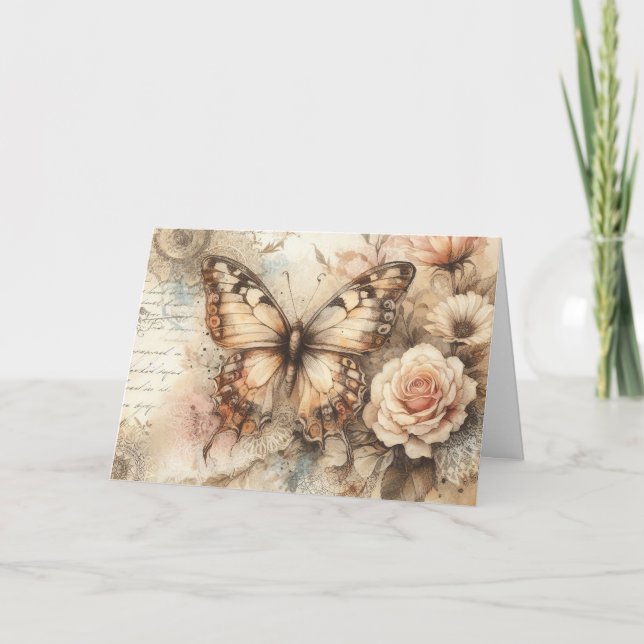Simple Elegant Rustic Floral Butterfly Note Card (Front)