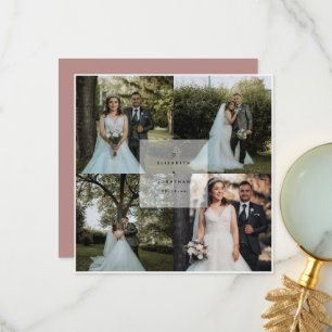 Simple Elegant Rustic Pink 4 Photo Collage Wedding Thank You Card