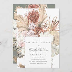 Simple Elegant Sage Floral Moss Green Pampas Boho Invitation