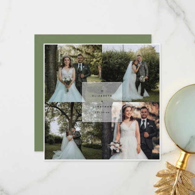 Simple Elegant Sage Green 4 Photo Collage Wedding Thank You Card (Front/Back In Situ)