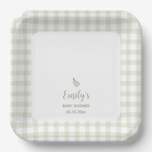 Simple Elegant Sage Green Gingham Baby Shower Paper Plate