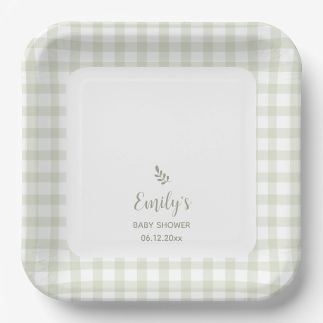 Simple Elegant Sage Green Gingham Baby Shower Paper Plate (Front)
