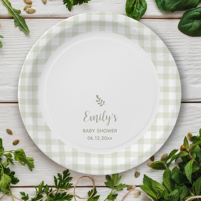Simple Elegant Sage Green Gingham Baby Shower Paper Plate (Creator Uploaded)