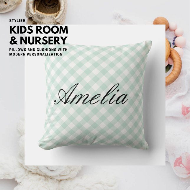 Simple Elegant Sage Green Gingham Script Name Cushion (Creator Uploaded)