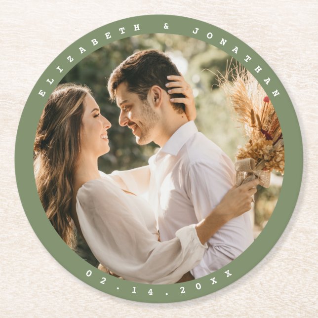 Simple Elegant Sage Green Greenery Wedding Photo Round Paper Coaster (Front)