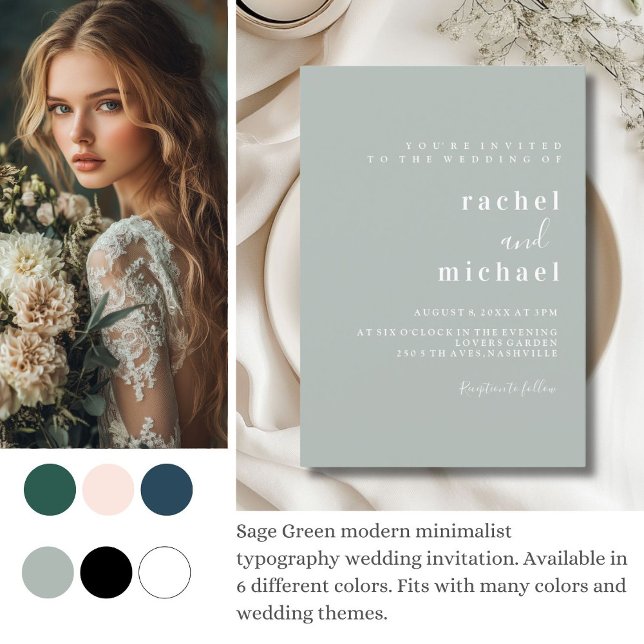 Simple, elegant, sage green invitation (Green modern minimalist 
typography wedding invitation. Available in 6 different colors. )
