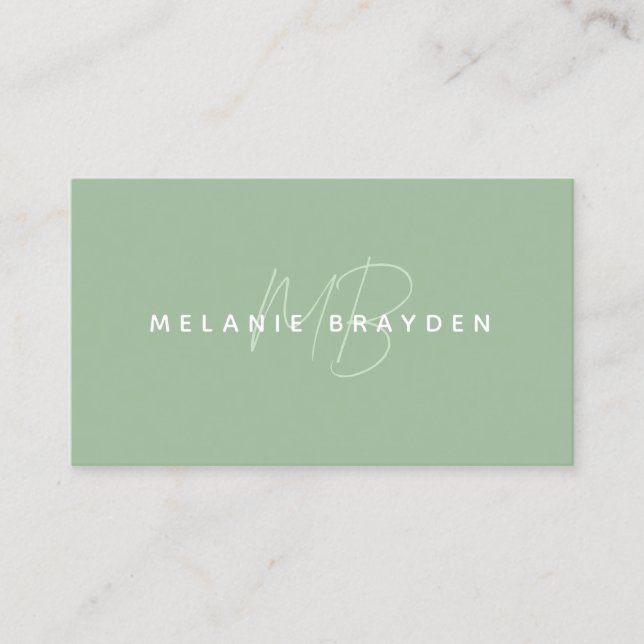 Simple Elegant Sage Green Minimalist Monogram Business Card (Front)