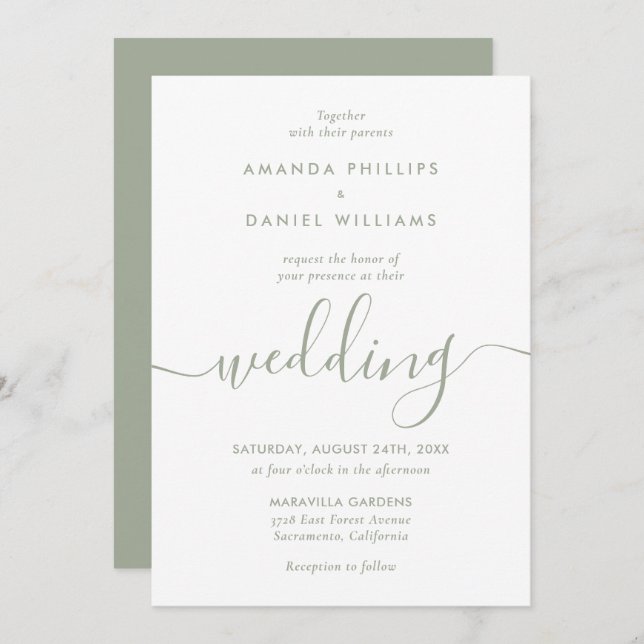 Simple Elegant Sage Green Modern Script Wedding Invitation (Front/Back)