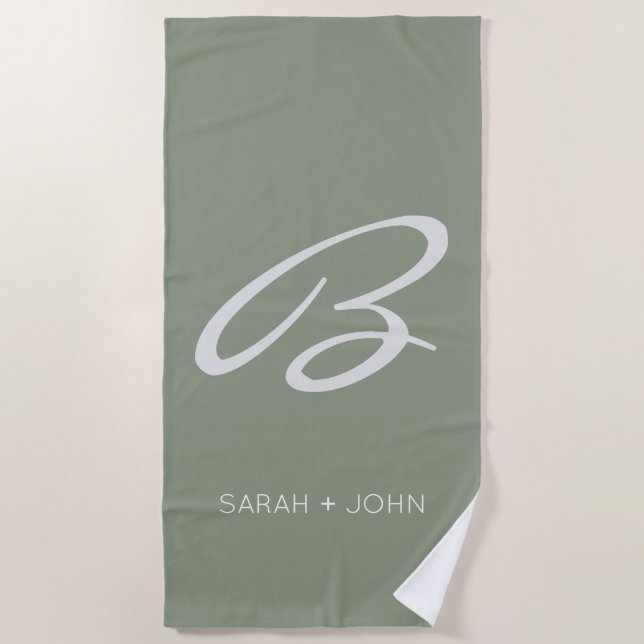 Simple Elegant Sage Green Monogram Name Custom Beach Towel (Front)