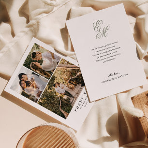 Simple Elegant Sage Green Monogram Photo Wedding Thank You Card