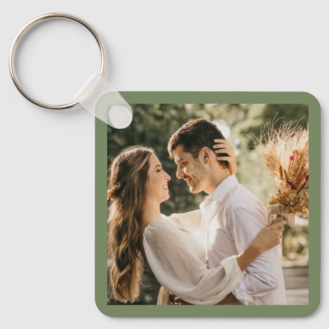 Simple Elegant Sage Green Photo Wedding Favour Key Ring (Front)