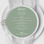 Simple Elegant Sage Green Round Wedding Dinner Menu<br><div class="desc">A round dinner menu card on sage green (or any colour) and chic lettering in white displays your menu choices. Perfect for a modern wedding reception, wedding rehearsal dinner, anniversary party or any special event with a sit down dinner. Choose ANY COLOR BACKGROUND, any COLOR TEXT, any FONT! Easily personalise...</div>