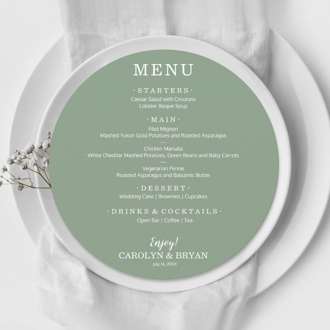 Simple Elegant Sage Green Round Wedding Dinner Menu (Creator Uploaded)