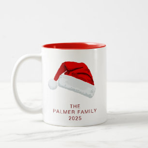 Simple Elegant Santa Hat Christmas Family Name Two-Tone Coffee Mug