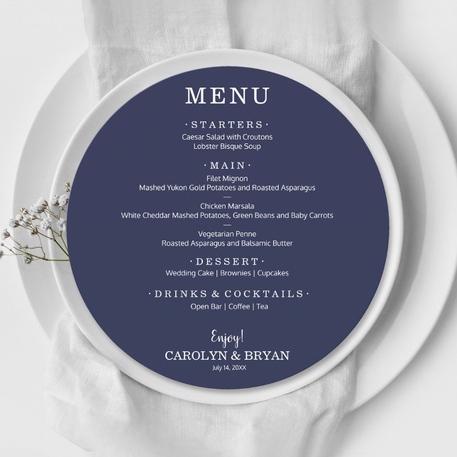 Simple Elegant Sapphire Blue Round Wedding Dinner Menu (Creator Uploaded)