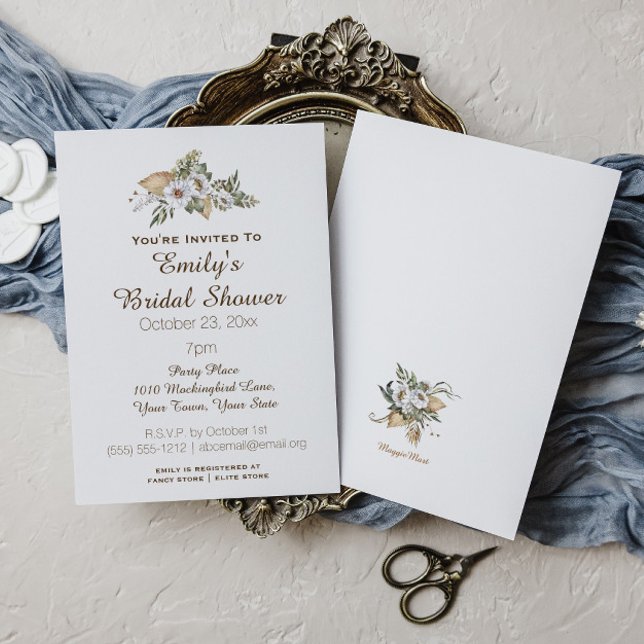 Simple Elegant Savanna Floral Bridal Shower Invitation (White paper, straight edges
)