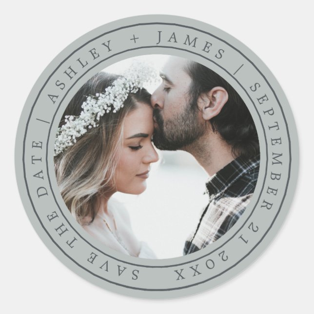 Simple Elegant Save the Date Wedding Photo Grey Cl Classic Round Sticker (Front)