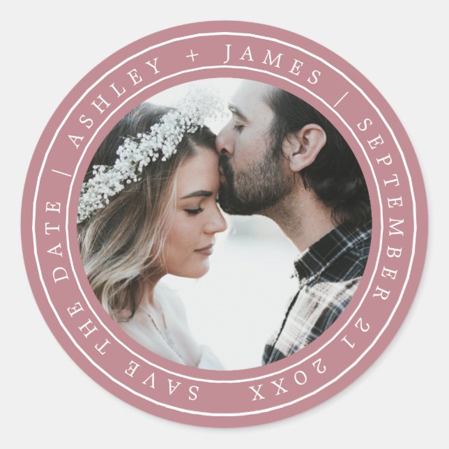 Simple Elegant Save the Date Wedding Photo Purple Classic Round Sticker (Front)