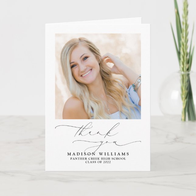 Simple Elegant Script 2 Photo Graduation Thank You Card (Front)