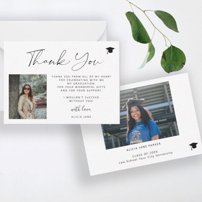 Simple elegant script 2 photo graduation thank you card (This is a MINI CARD. Bigger sizes available.)