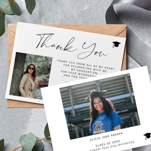 Simple elegant script 2 photo graduation thank you card (Creator Uploaded)