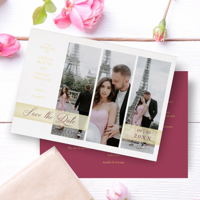 Simple Elegant Script 3 Photos Couple in Love (Simple Elegant Script 3 Photos Couple in Love Metallic Foil Save the Date Card with Envelope. )