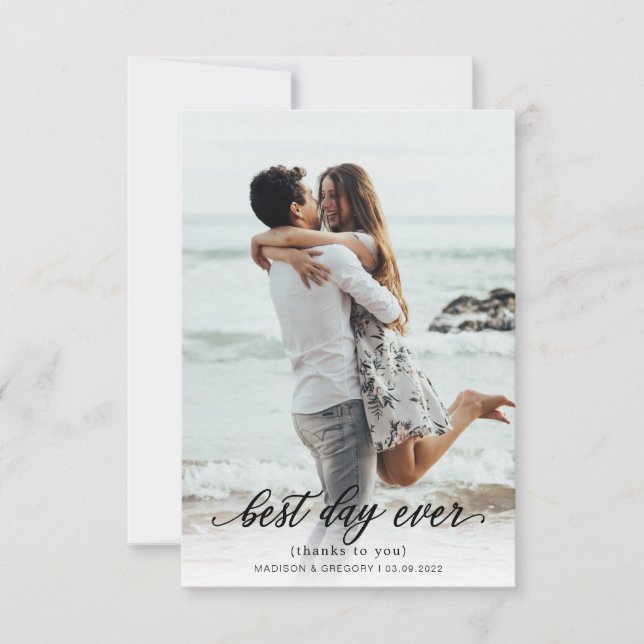Simple Elegant Script Best Day Ever Photo Wedding Thank You Card (Front)