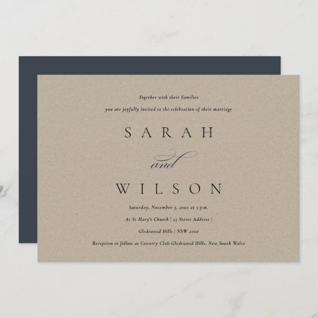 Simple Elegant Script Black Kraft Wedding Invite (Front/Back)