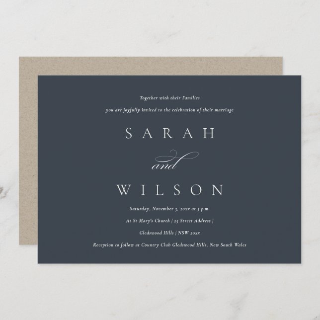 Simple Elegant Script Black Navy Wedding Invite (Front/Back)