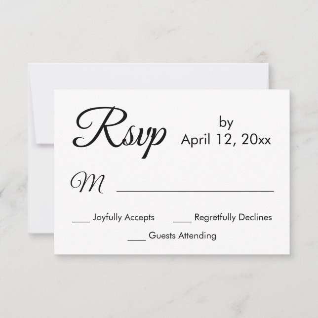Simple Elegant Script, Black & White Wedding RSVP Card (Front)