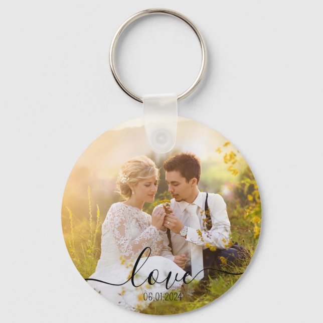 Simple Elegant Script Couple Photo Key Ring (Front)