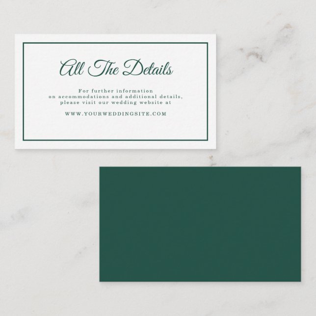Simple Elegant Script Emerald Green Wedding Detail Enclosure Card (Front/Back)