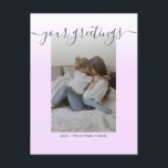 Simple Elegant Script Family Photo Greetings Postcard<br><div class="desc">Personalised Minimalist family photo Universal Greetings Postcards featuring a stylish photo with white ombre gradient chic overlay on purple pink background, your greetings message in elegant handwritten script font, your name, date, year, message on the back in a modern and simple sans serif font. Create your own greetings postcards with...</div>